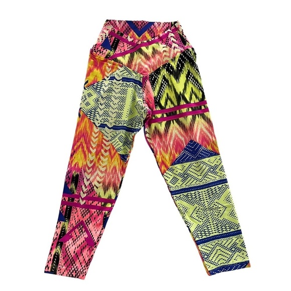 Brazilian Retro Tropical Neon Colorful High-Waisted Crossover Crop‎ Leggings OS - Picture 1 of 4